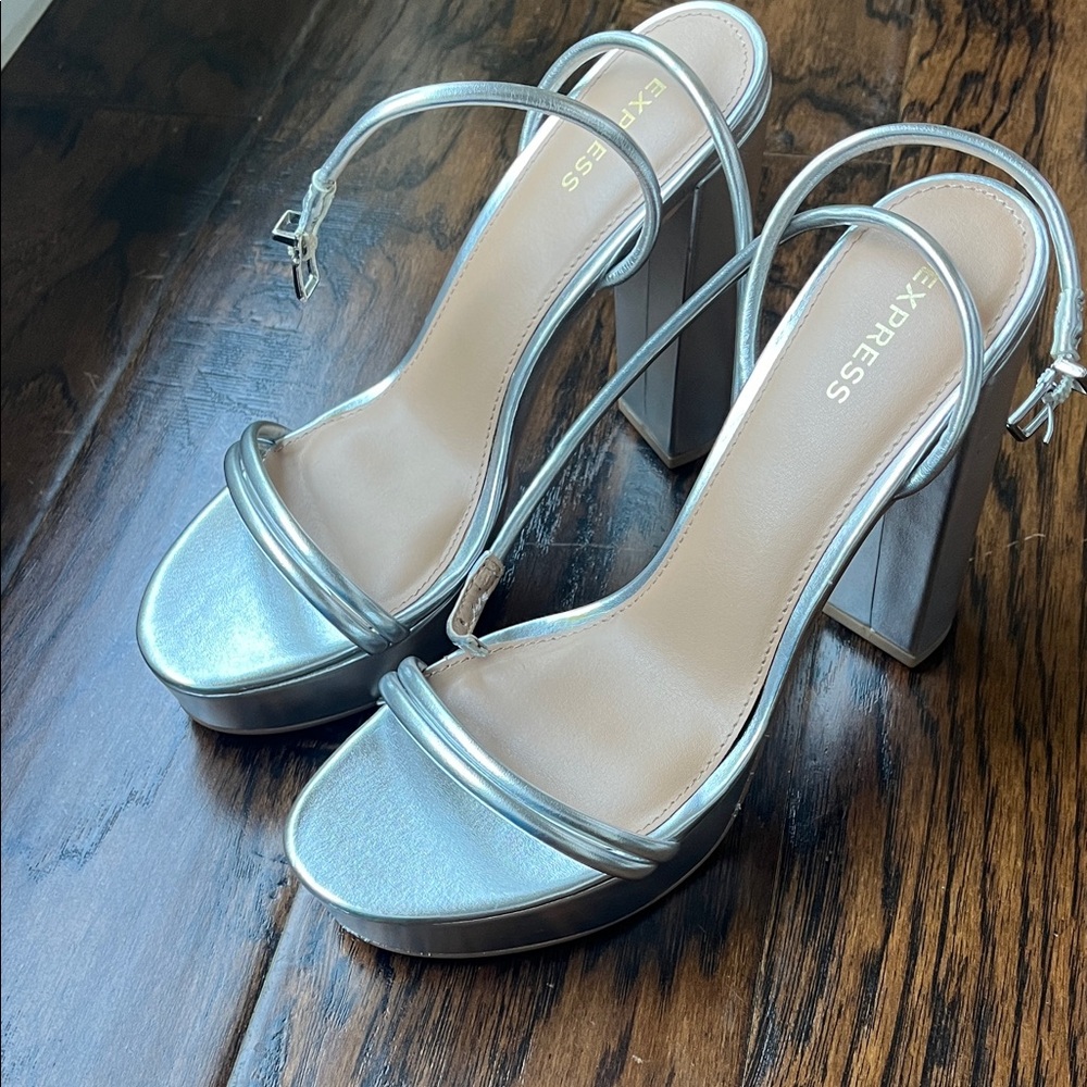 Express Silver Metallic High Block Heel Platform Sandals Size 8